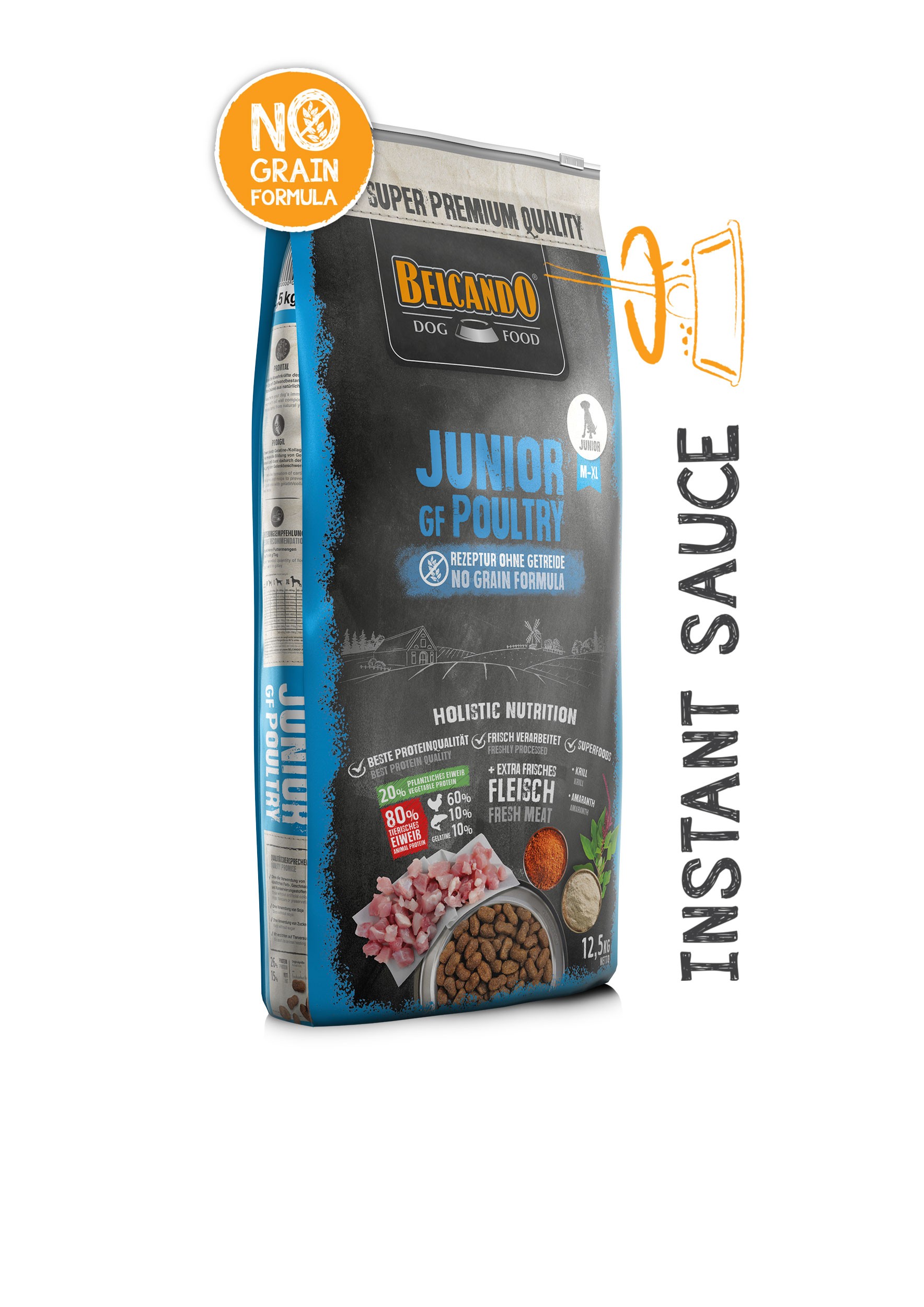 BELCANDO JUNIOR GRAIN FREE POULTRY για την ανάπτυξη νεαρών σκύλων μεσαίων και μεγαλόσωμων φυλών από 4 μηνών έως το τέλος της ανάπτυξης τους, με φρέσκο κρέας πουλερικών 12,5kg